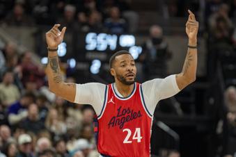 Los Angeles Clippers guard Norman Powell appeals the the referee, during the first quarter of an NBA basketball game abasing the Utah Jazz Thursday, Feb. 13, 2025, in Salt Lake City. (AP Photo/Rick Egan)
