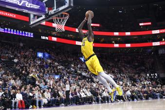 Indiana Pacers forward Pascal Siakam goes up to dunk against the Utah Jazz during the fourth quarter of an NBA basketball game, Monday, Feb. 3, 2025, in Salt Lake City. (AP Photo/Rob Gray)