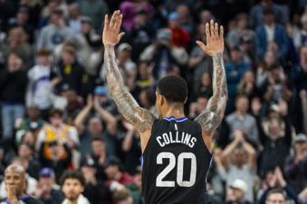 Utah Jazz forward John Collins (20) celebrates as his team defeats the Minnesota Timberwolves in an NBA basketball game Friday, Feb. 28, 2025, in Salt Lake City. (AP Photo/Rick Egan)