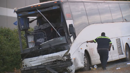 1 dead, dozens injured in fiery tour bus collision near Los Angeles