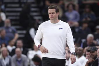Utah Jazz head coach Will Hardy looks on during the first half of an NBA basketball game against the Oklahoma City Thunder, Friday, April 11, 2025, in Salt Lake City. (AP Photo/Rob Gray)