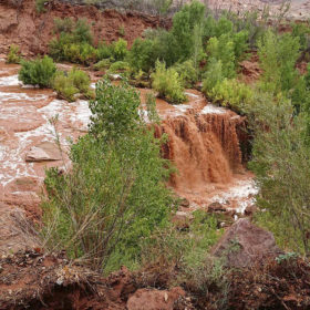 This Thursday, July 12, 2018 photo released by Benji Xie shows flooding from a waterfall on the Havasupai reservation in Supai, Ariz. About 200 tourists were being evacuated Thursday from a campground on tribal land near famous waterfalls deep in a gorge off the Grand Canyon. (Benji Xie via AP)